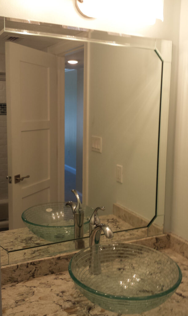 Beveled Mirror Strip Accents Installed on Vanity - Lemon Bay Glass