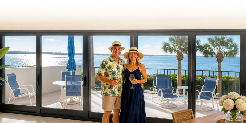 Couple standing in front of hurricane-impact sliding glass doors overlooking Florida waterfront installed by Lemon Bay Glass