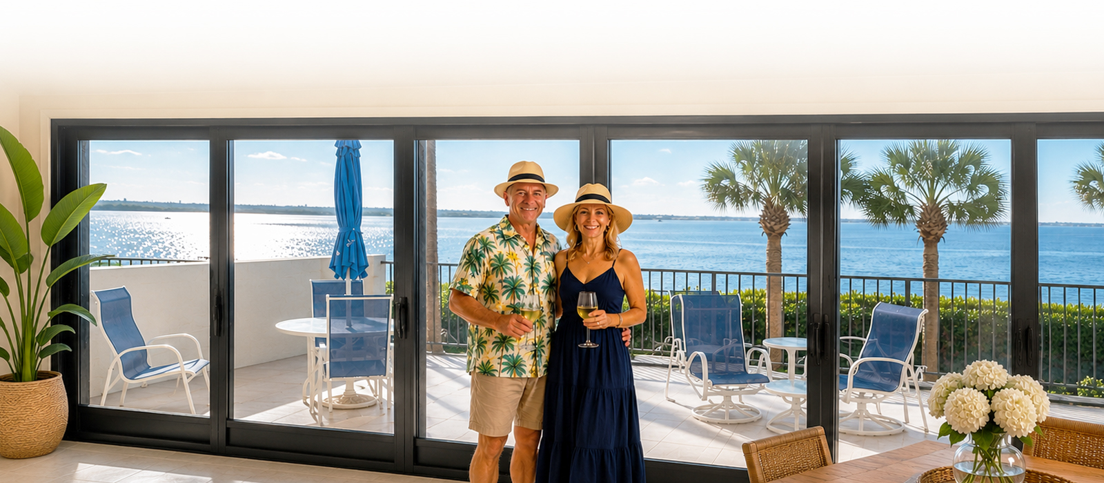 Couple standing in front of hurricane-impact sliding glass doors overlooking Florida waterfront installed by Lemon Bay Glass