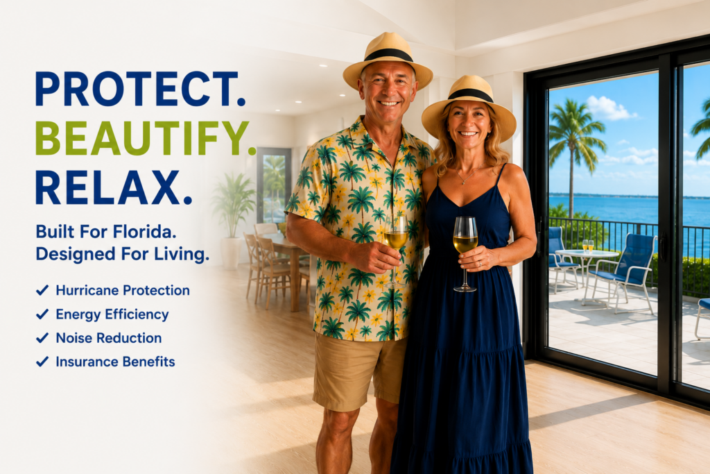 Southwest Florida homeowners enjoying waterfront views through impact sliding glass doors. Lemon Bay Glass showcases hurricane protection, energy efficiency, noise reduction, and Florida coastal living.