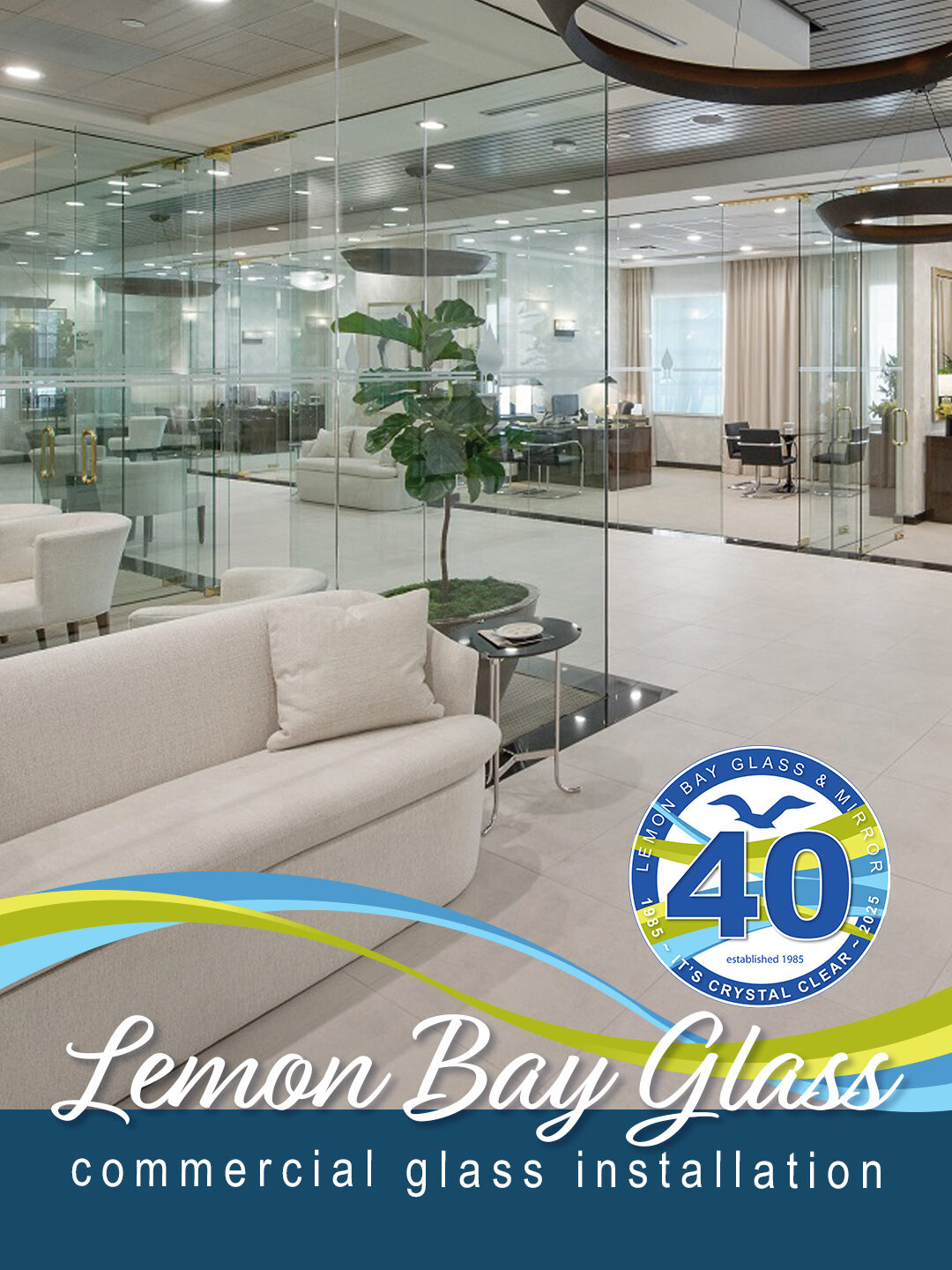 Lemon Bay Glass Commercial Glass Installation. Interior floor to ceiling glass walls and doors. Interior and Exterior glass, storefronts, and automatic glass doors.