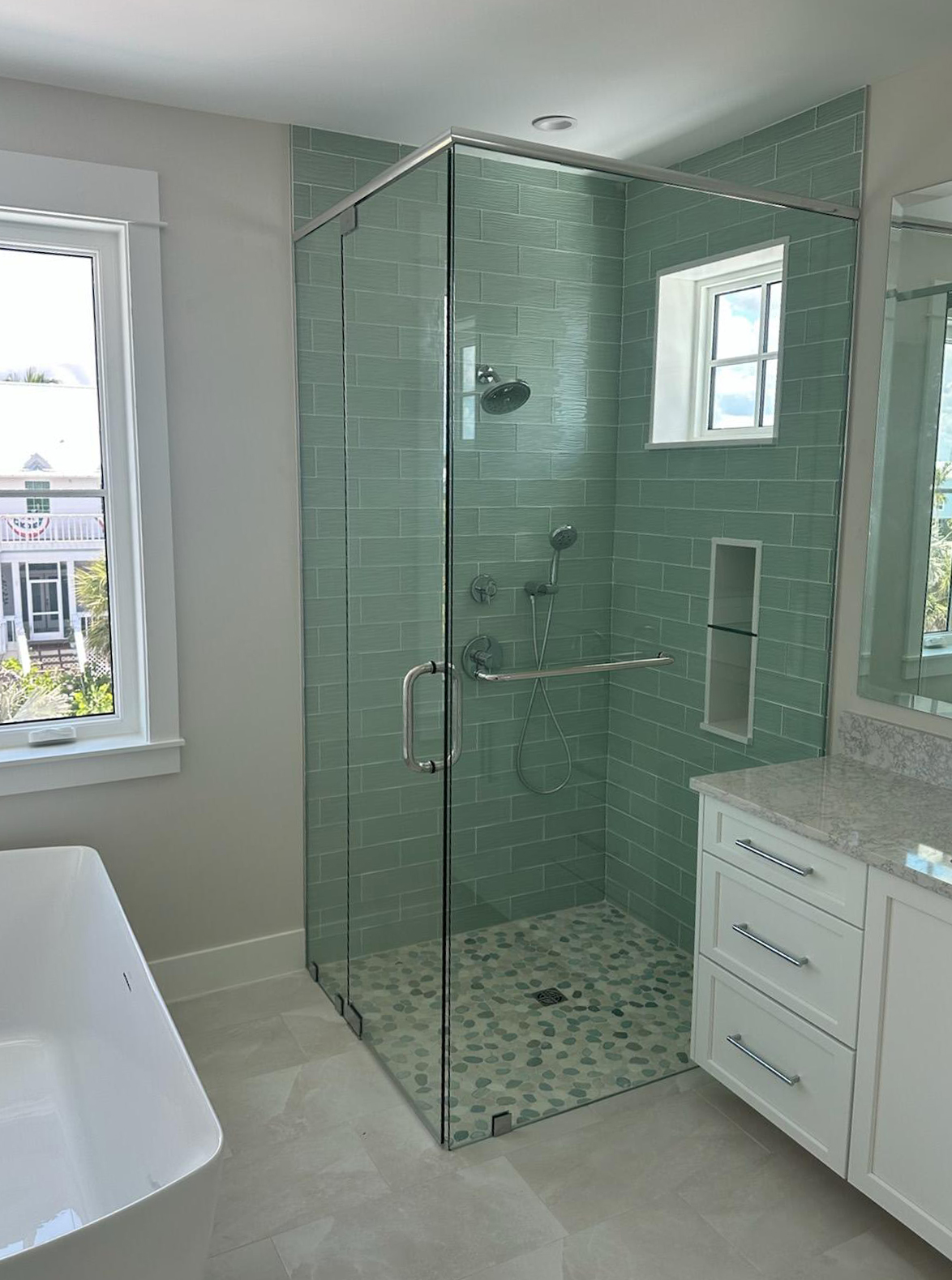 Semi Frameless Shower Enclosure installation by Lemon Bay Glass Englewood