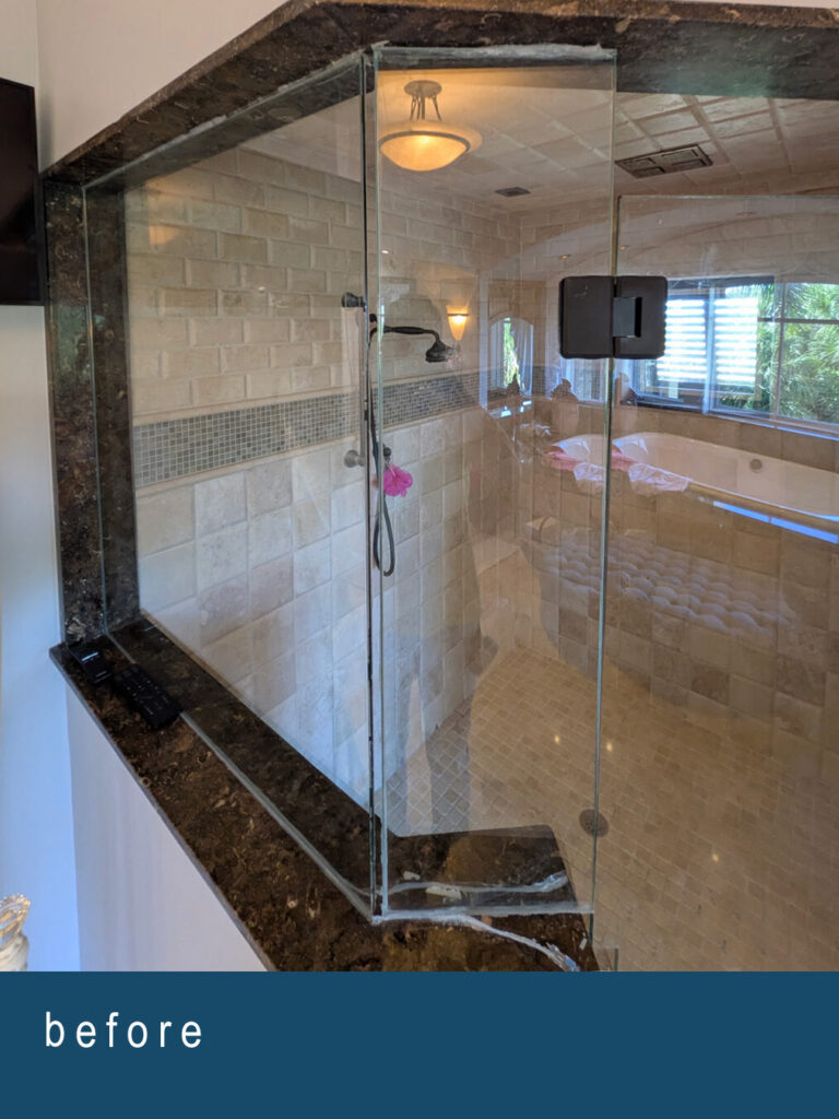 Improper shower glass installation before repair Englewood FL frameless enclosure unstable panels poor anchoring unsafe condition