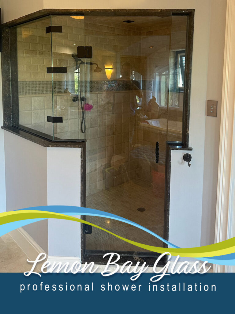 Professional shower glass installation Englewood FL frameless shower enclosure secure anchoring proper hinge placement Lemon Bay Glass