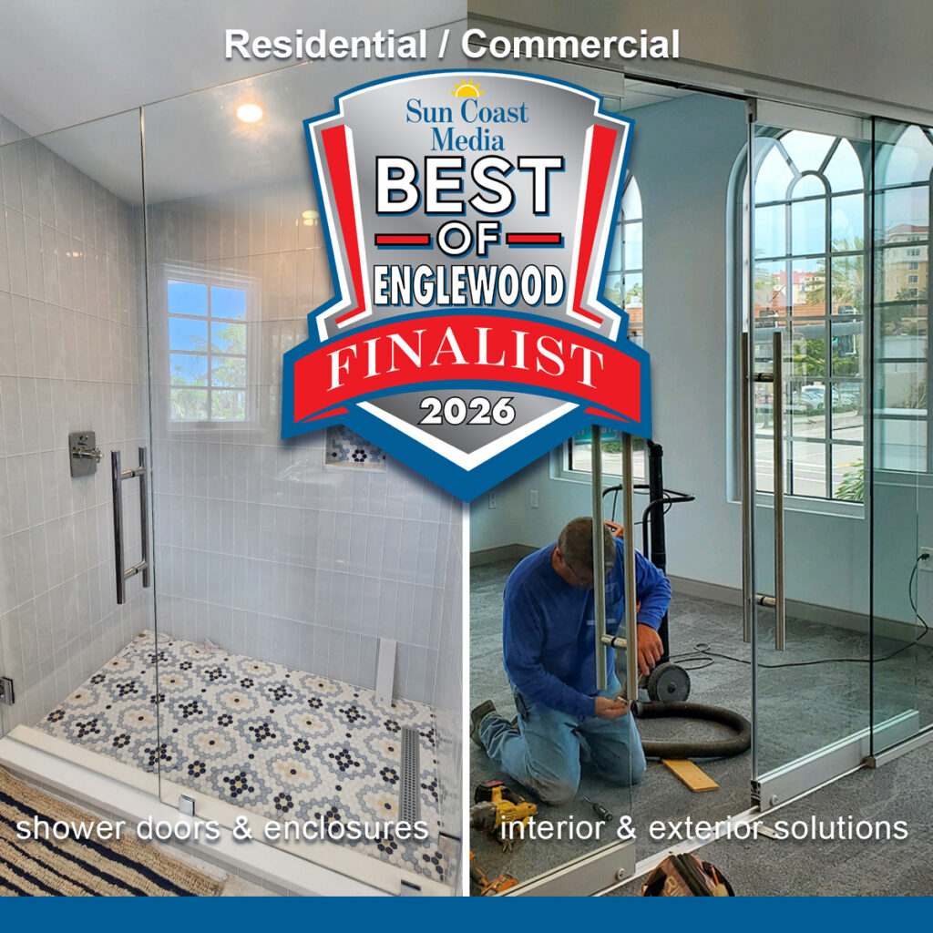 Lemon Bay Glass Best of Englewood 2026 recognition featuring custom shower enclosure installation and commercial interior glass systems in Englewood Florida
