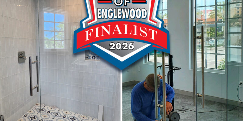 Lemon Bay Glass Best of Englewood 2026 recognition featuring custom shower enclosure installation and commercial interior glass systems in Englewood Florida