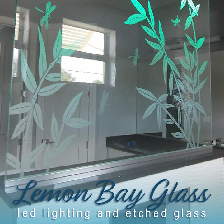 Custom etched shower panel. Installed by Lemon Bay Glass Englewood, FL. Outfitted with LED for a beautiful display of color. 